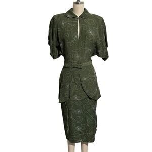 NWOT Vintage Norma Kamali Olive Floral Belted Dress 8
